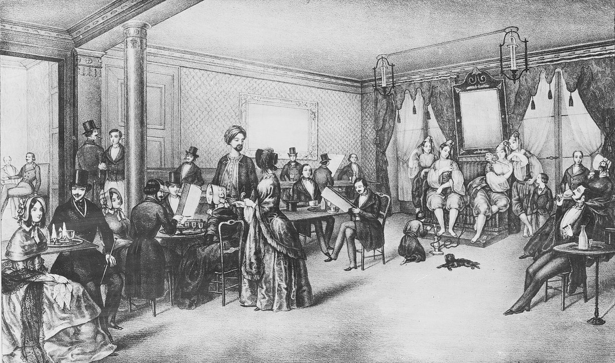 نساء الجزائر في مقهى باريس ، حوالي 1860 (نقش) بواسطة المدرسة الفرنسية