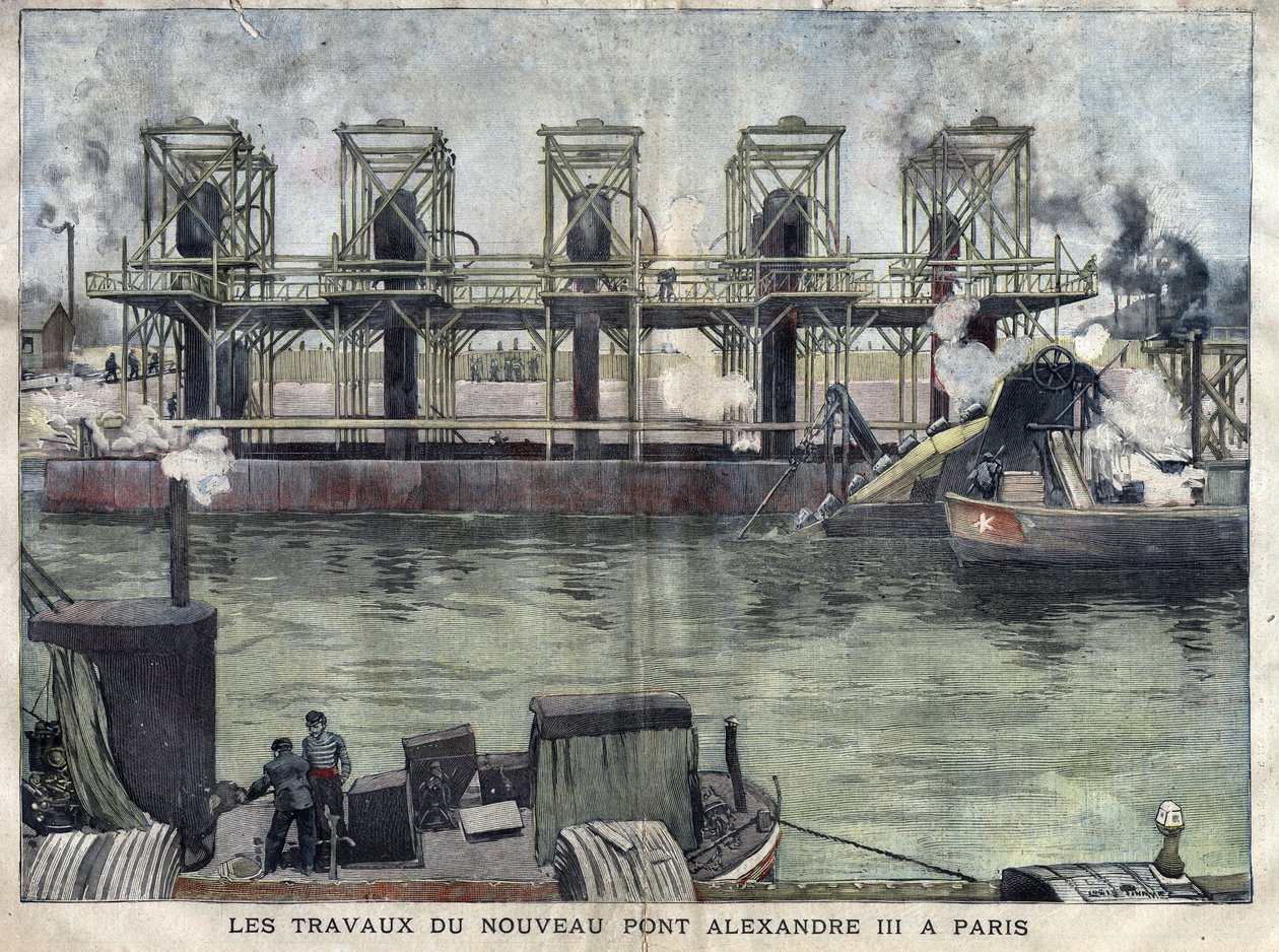 يعمل في باريس على جسر الإسكندر الثالث. نقش أبريل 1898 في "لا صغيرتي جيروند" ". بواسطة المدرسة الفرنسية