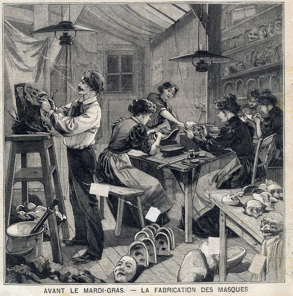 ورشة عمل لتصنيع أقنعة تنكرية لمهرجان ماردي غرا (ماردي غرا). في "" Le Petit Parisien "في 14/2/1897 بواسطة المدرسة الفرنسية