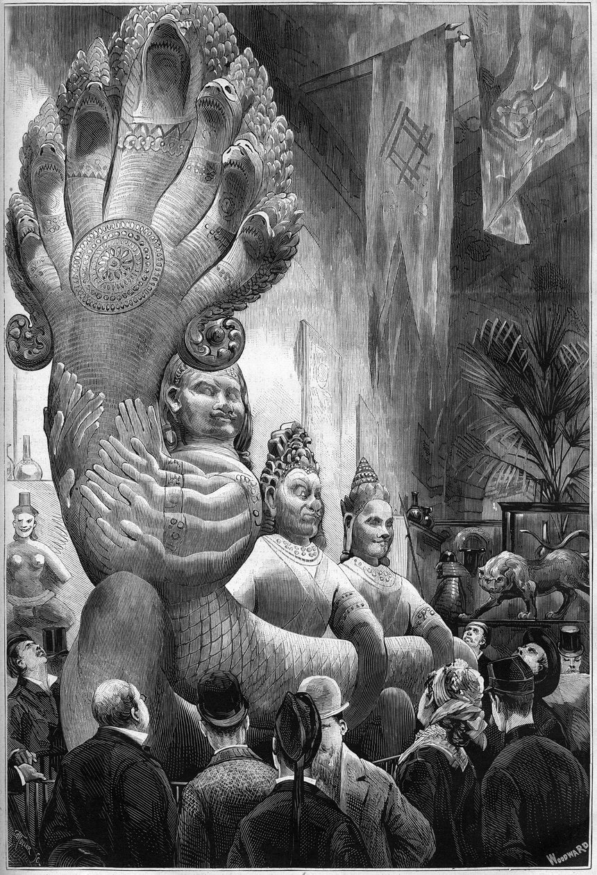 المعرض العالمي 1878 في باريس: تماثيل العمالقة الكمبوديين وثعبان بوليسيفال ، تم الإبلاغ عنها من كمبوديا بواسطة Delaporte Mission ، معروضة في معرض Trocadero Retrospective. نقش في "" Le Monde Illustré "" رقم 1127 بتاريخ 1 نوفمبر بواسطة المدرسة الفرنسية