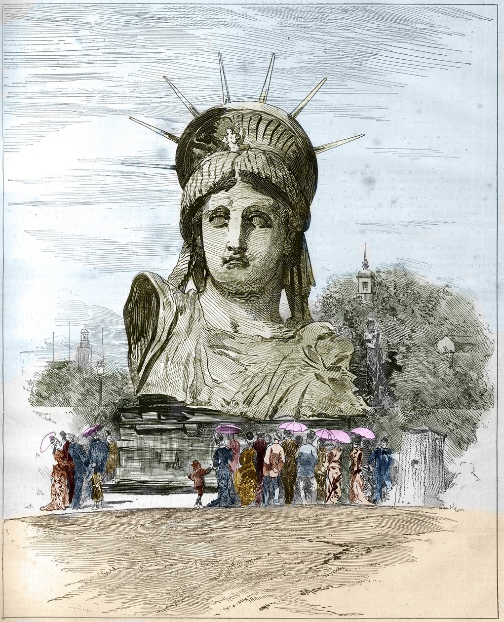 المعرض العالمي 1878 في باريس: رأس تمثال الحرية لفريدريك أوغست بارتولدي (1834-1904). نقش إدجارد مورين في "" العالم المصور "" رقم 1111 بتاريخ 13 يوليو 1878. بواسطة المدرسة الفرنسية