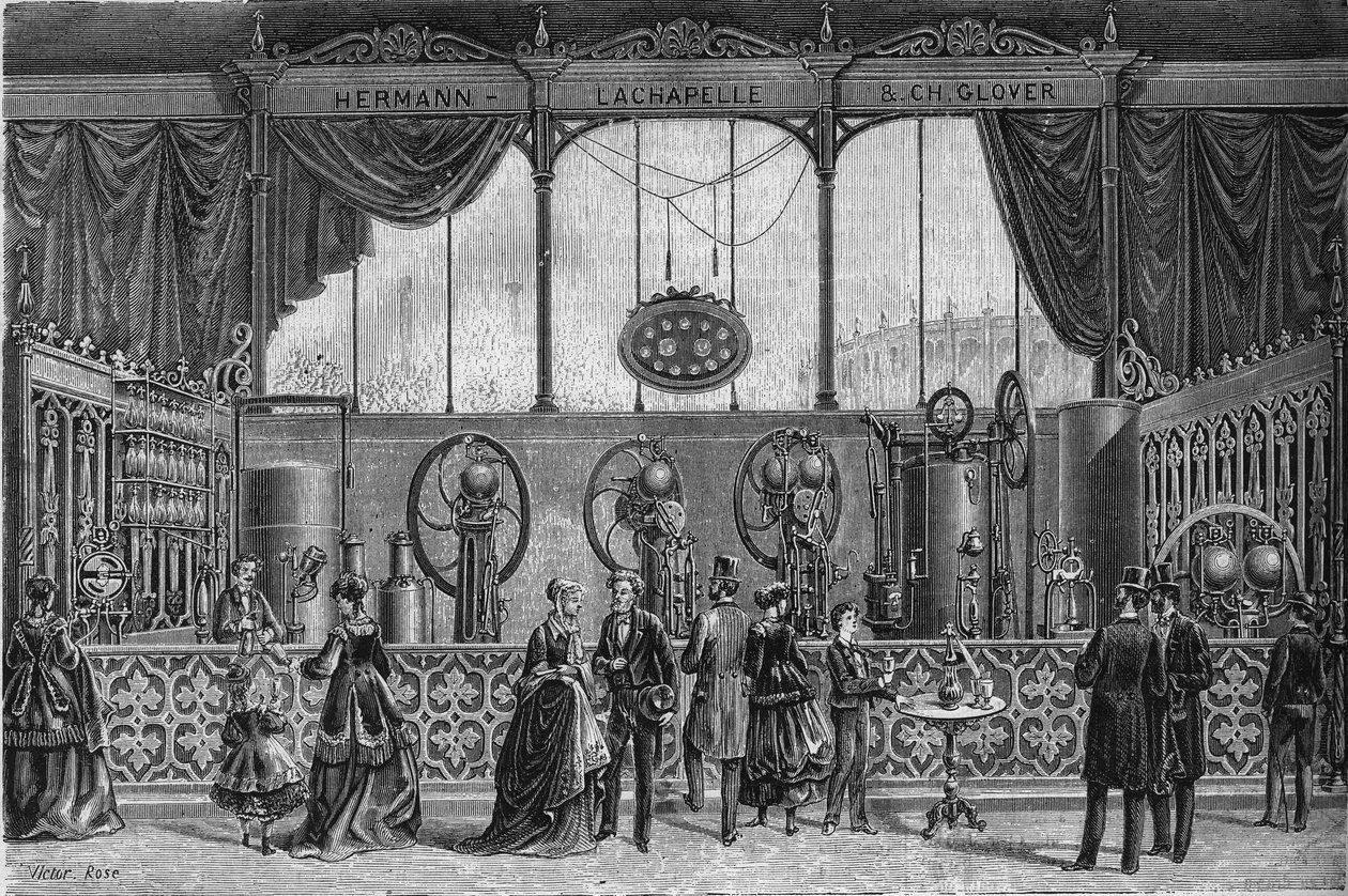 المعرض العالمي لعام 1867: أجهزة المياه بالغاز التي اخترعها هيرمان لاشابيل (هيرمان لاشابيل) وجلوفر (مشبع ، مقياس غاز ، بخاخ ، مضخة جرعات ...). نقش في "" Le Monde Illustré "" رقم 578 بتاريخ 9 مايو 1868. بواسطة المدرسة الفرنسية