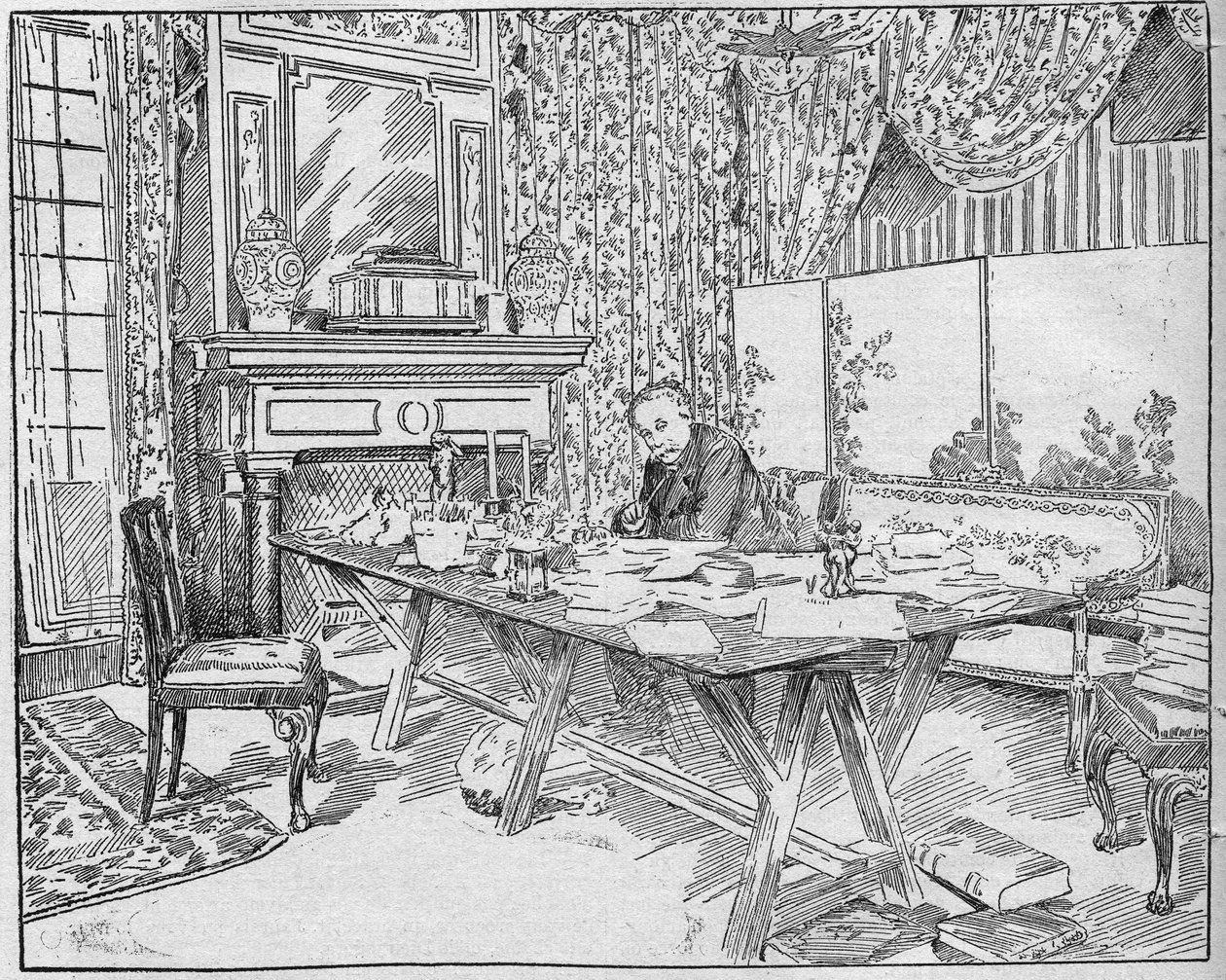 الكاتبة الكسندرا دوماس جونيور (1824-1895) في خزانة عمله. نقش في "La gazette du dimanche" بتاريخ ١٢ ديسمبر ١٨٩٥. بواسطة المدرسة الفرنسية