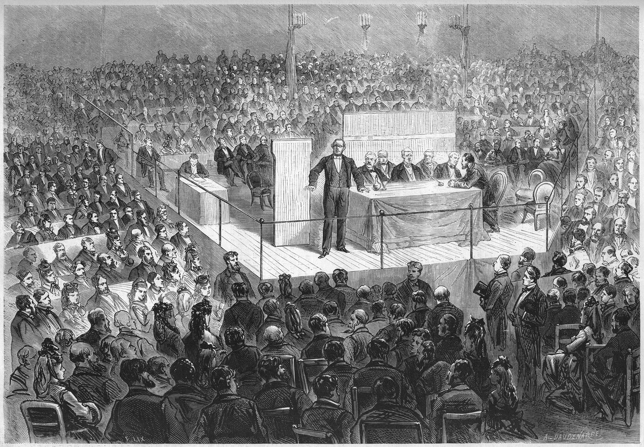 الكاتب إرنست ليجوف (1807-1903) يترأس "الاجتماع الوطني" الذي تم تنظيمه لجمع الأموال لاسترداد قيمة الدوائر الفرنسية التي احتلتها ألمانيا منذ نهاية حرب 1870. باريس ، سيرك الشانزليزيه ، 25 فبراير بواسطة المدرسة الفرنسية