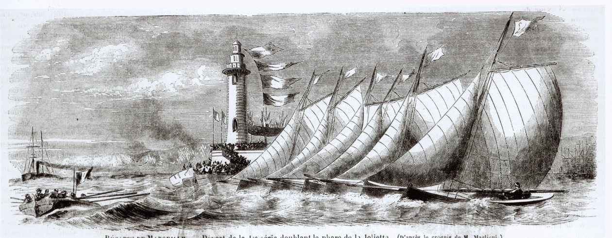 اليخوت حول منارة جولييت خلال سباق القوارب عام 1864 في مرسيليا ، من لو موند إيلوستري ، 17 سبتمبر 1864 بواسطة المدرسة الفرنسية
