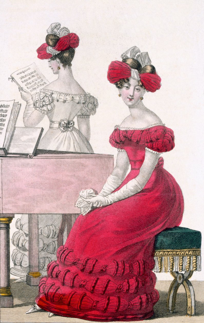 امرأة شابة في فستان سهرة من الكريب مع غطاء رأس متقن ، إعلان في Modes de Paris ، c.1825 بواسطة المدرسة الفرنسية