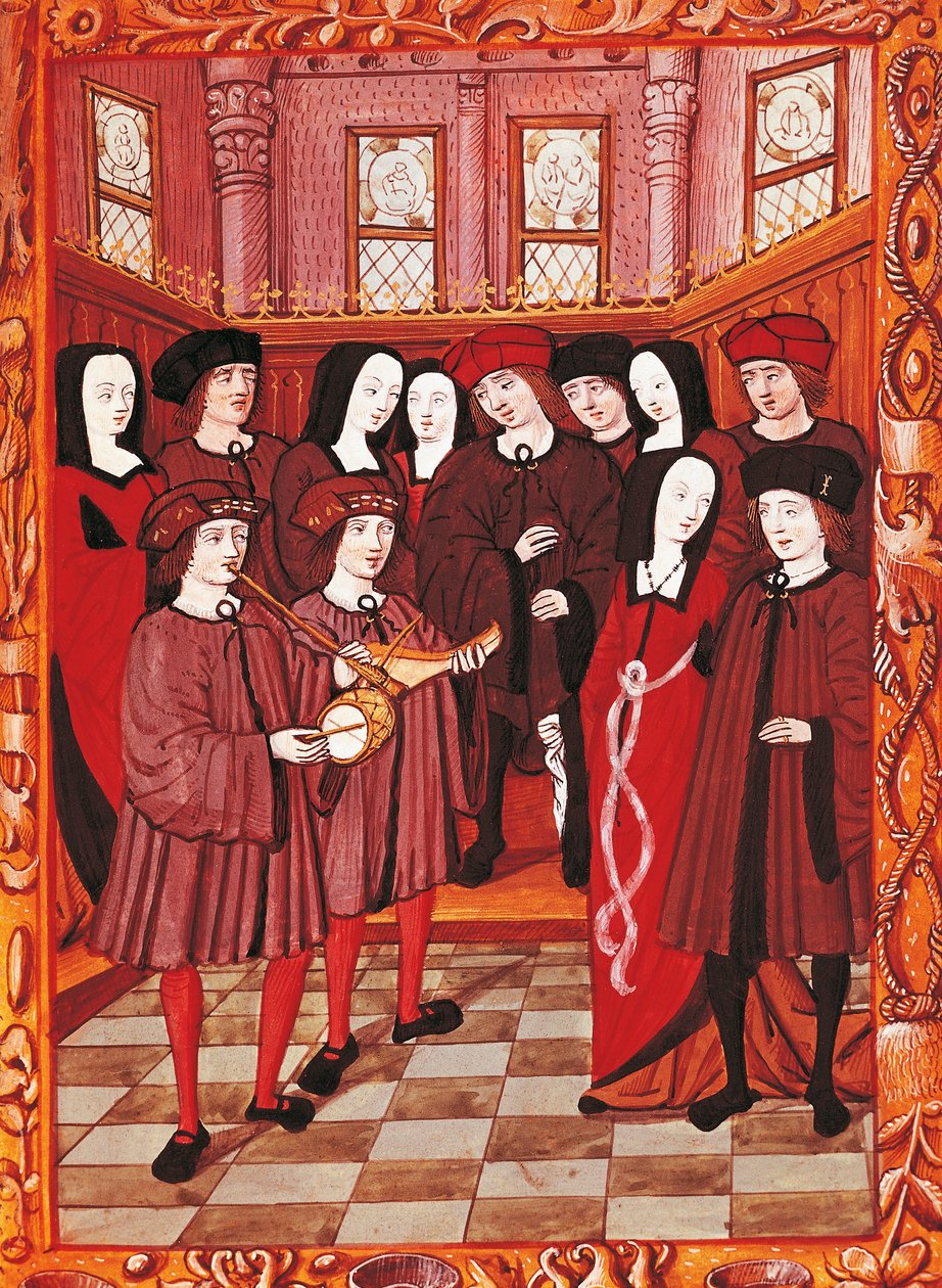 Young couple listening to musicians, image from a French manuscript بواسطة المدرسة الفرنسية