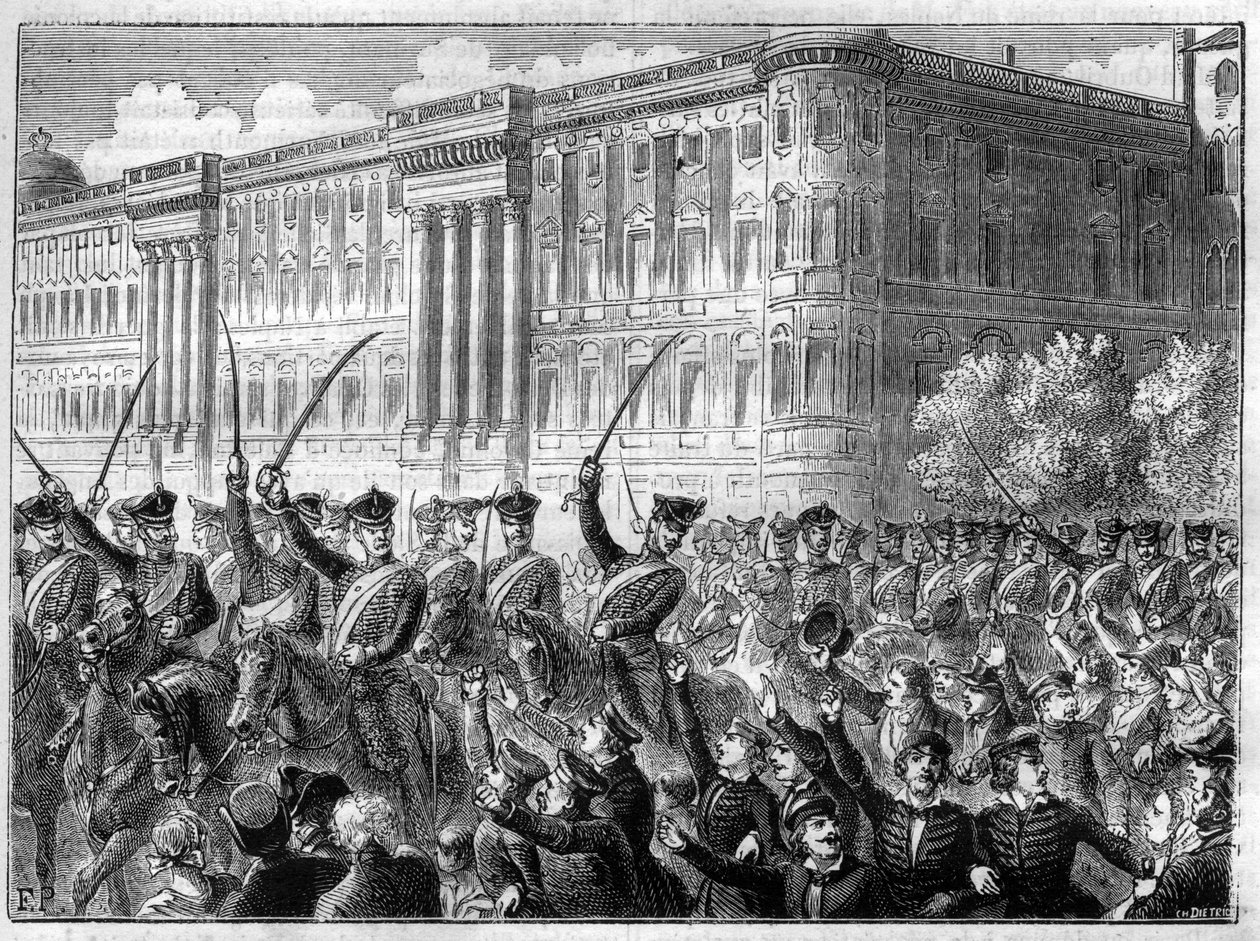 أحداث حرب التحالف الرابع 1806 - 1807 حماسة الحرب في برلين - التحالف الرابع - التحريض الكبير في برلين - إطلاق النار على كري دي غيري ضد فرنسا - في "تاريخ الإمبراطورية في جناح تاريخي للقنصلية" بقلم أدولف تيير - 1879 - خاص بواسطة المدرسة الفرنسية