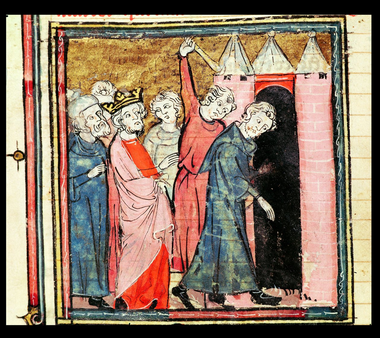 ص. ٨٦ ظ تشارلز مارتيل يرعى معاقبة ونفي رجلين ، من Grandes Chroniques de France ، 1375-79 بواسطة المدرسة الفرنسية