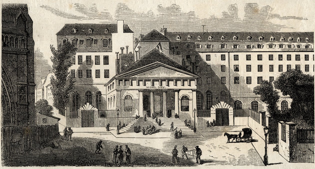 l'Hotel-Dieu (Hotel Dieu) في باريس - القرن التاسع عشر - نقش في "Tableau-de-Paris" بواسطة Edmond Texier 1852 بواسطة المدرسة الفرنسية