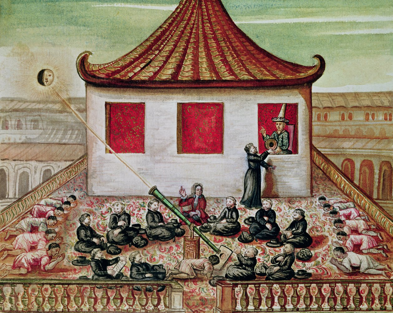 od. 59 fol.7 كسوف الشمس في سيام عام 1688 ، نظر إليه المبشرون اليسوعيون ، بحضور ملك صيام في نافذة قصره ، 1688 (مرحاض على ورق) بواسطة المدرسة الفرنسية