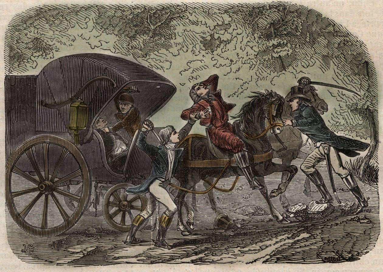 قضية بريد ليون - Affaire du mail de Lyon - تعرض صندوق البريد للهجوم في Seine et Marne من قبل 5 أفراد في 28 أبريل 1796 - نقش في "" الأسباب الشهيرة لجميع الشعوب "بقلم أرماند فوكيه (1817-18؟) 1858 -1867 - مجموعة خاصة بواسطة المدرسة الفرنسية