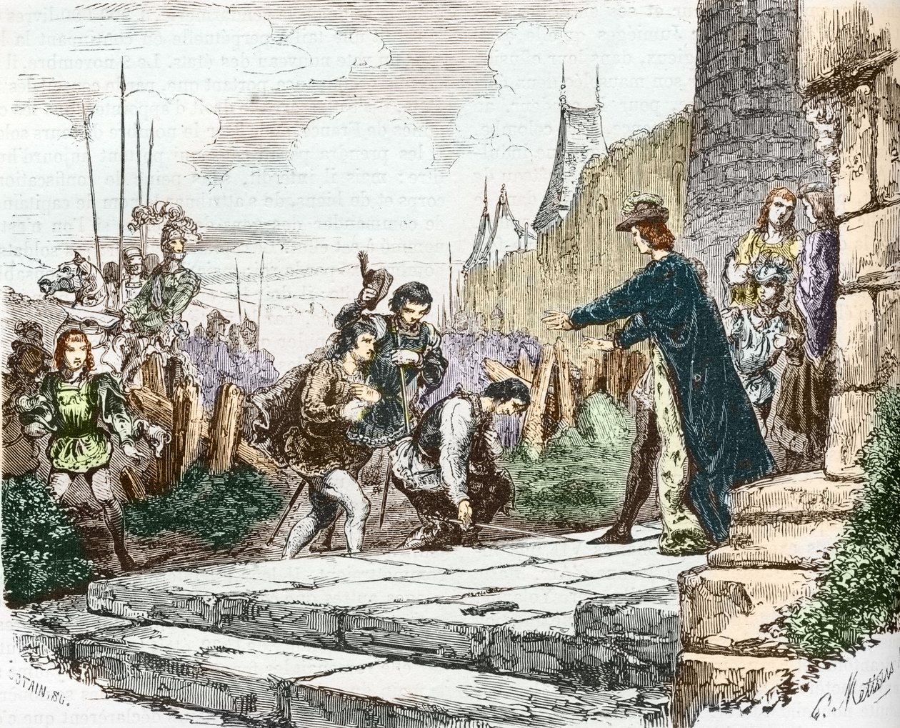 يطلب الدلفين لويس (ثم لويس الحادي عشر) والدوق يوحنا الثاني من آلنكون والدوق تشارلز الأول من بوربون الصفح للملك تشارلز السابع بواسطة المدرسة الفرنسية