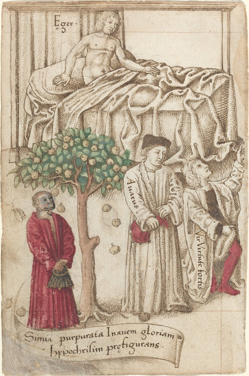 قرد يرتدي البنفسجي مع رجل مريض ورجل صالح وبخيل [fol. 36 الظهر] بواسطة الفرنسية أوائل القرن السادس عشر
