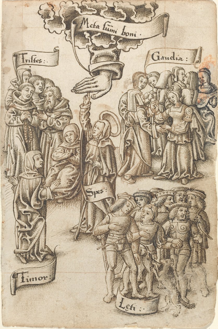 الأمل ، الوصول إلى الجنة ، يقف بين الرجال الحزينين والسعداء ، الأفراح ، والخوف [fol. 19 وجهًا] بواسطة الفرنسية أوائل القرن السادس عشر