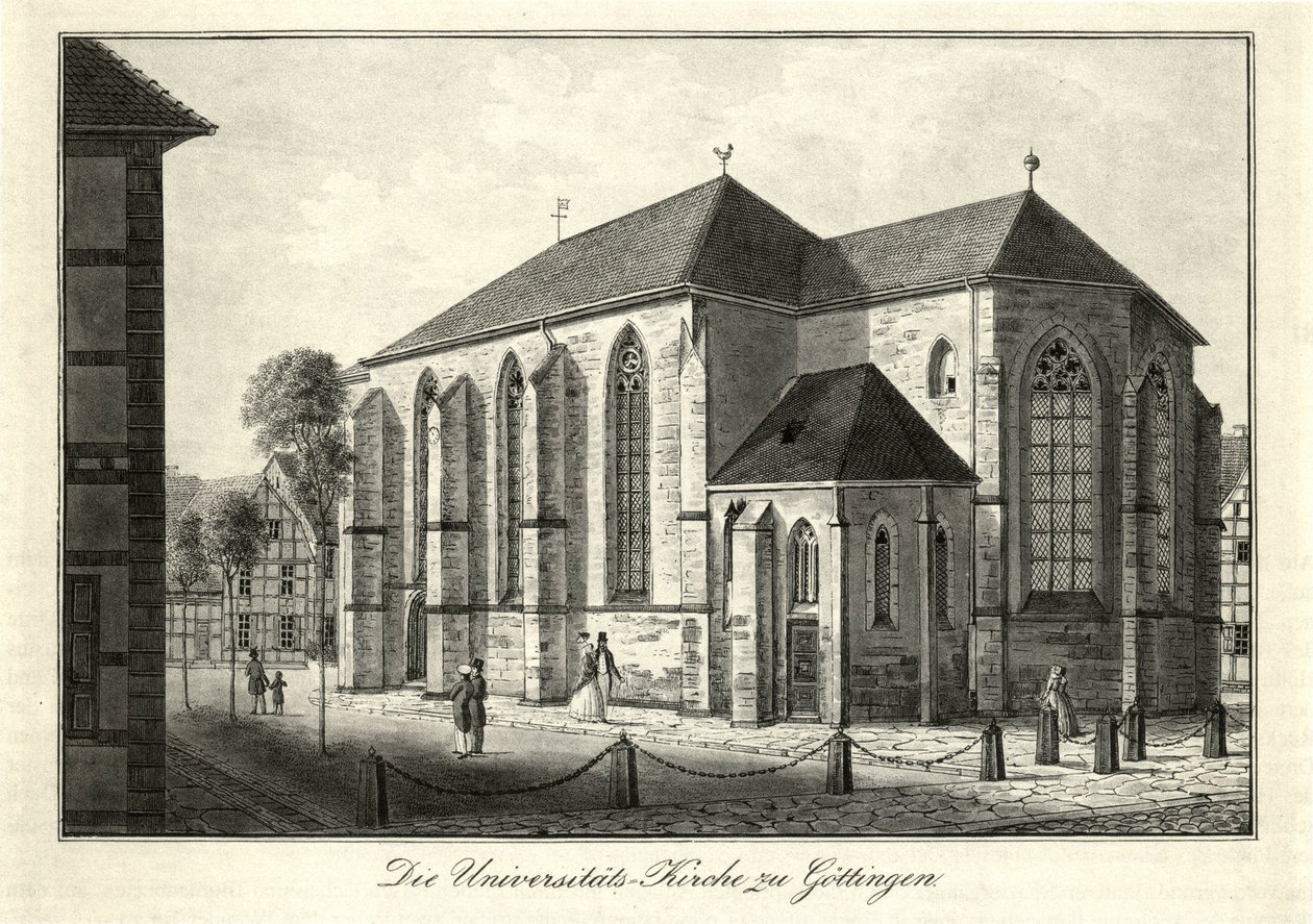 منظر ل Niolaikirche و Nikolaikirchhof في غوتنغن من الجنوب الشرقي ، تستخدم ككنيسة جامعية منذ عام 1822. بواسطة فريدريش بسيمان