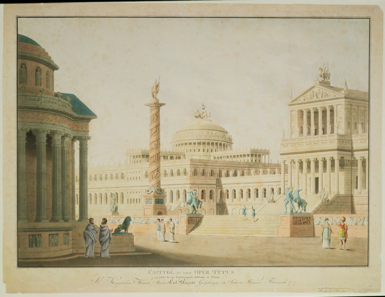 الكابيتول ، مجموعة تصميم ل "تيتوس" ، من قبل فولفجانج أماديوس موتسارت (1756-1991) ، الأداء الذي أخرجه أنطون جيناست في هوفثياتر في فيينا ، منقوش من قبل الفنان ، 1815 بواسطة فريدريش بيوتر