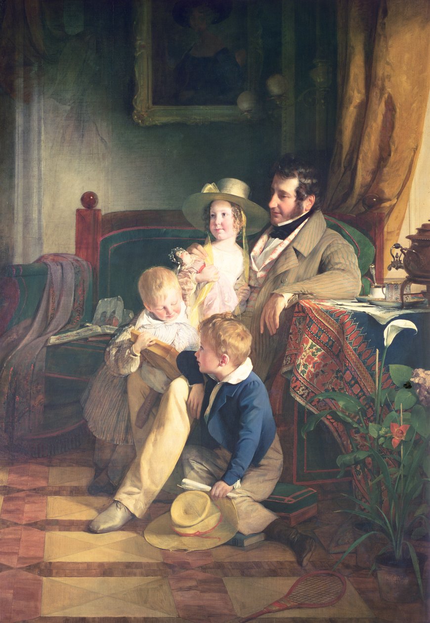 رودولف فون أرثابر (1795-1867) مع أطفاله رودولف وإميلي وغوستاف ينظرون إلى صورة أمهم المتوفاة ، 1837 بواسطة فريدريش فون أميرلنج