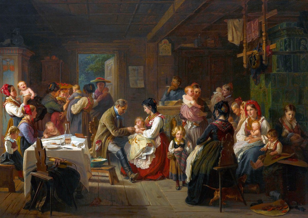 التطعيم ضد مرض الجدري في الريف - تطعيم ضد الجدري في الريف - فريدريك أدولف هورنمان (1813-1890). زيت على قماش بواسطة فريدريك أدولف هورنمان