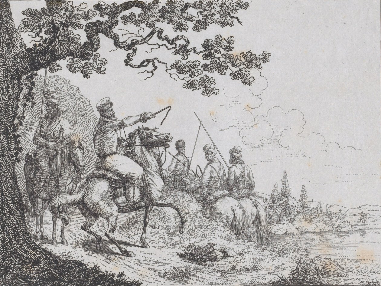 القوزاق يركبون على طول ضفة النهر ، 1814. بواسطة فريدريش أوجست دي لا بيل