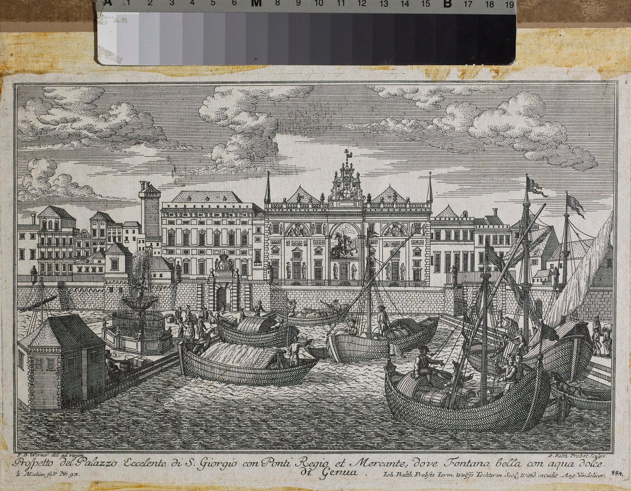 مخطط جنوة يصور الجسر الملكي والجسر الجديد لميركانزيا وقصر القديس جورج من البحر ، حوالي 1750 (نقش) بواسطة فريدريش برنهارد ويرنر