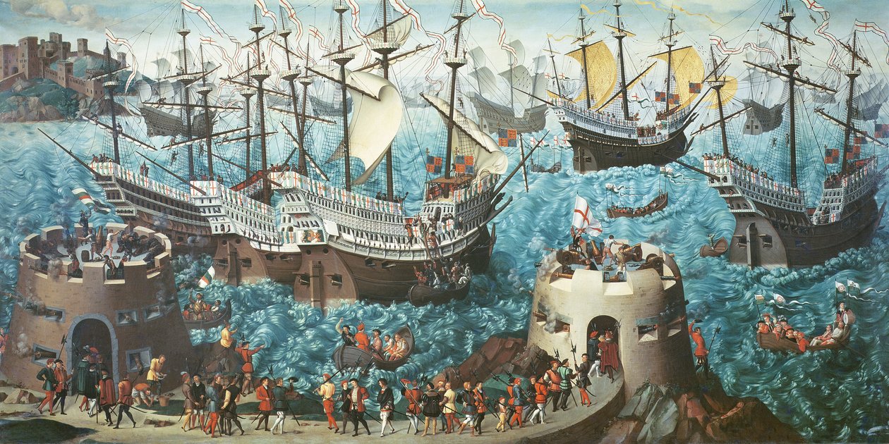 انطلاق هنري الثامن (1491-1547) على متن هنري جريس ديو في 1520 ، المنسوخة من لوحة رسمها فنسنت فولبي بواسطة فريدريش بوتيرويك