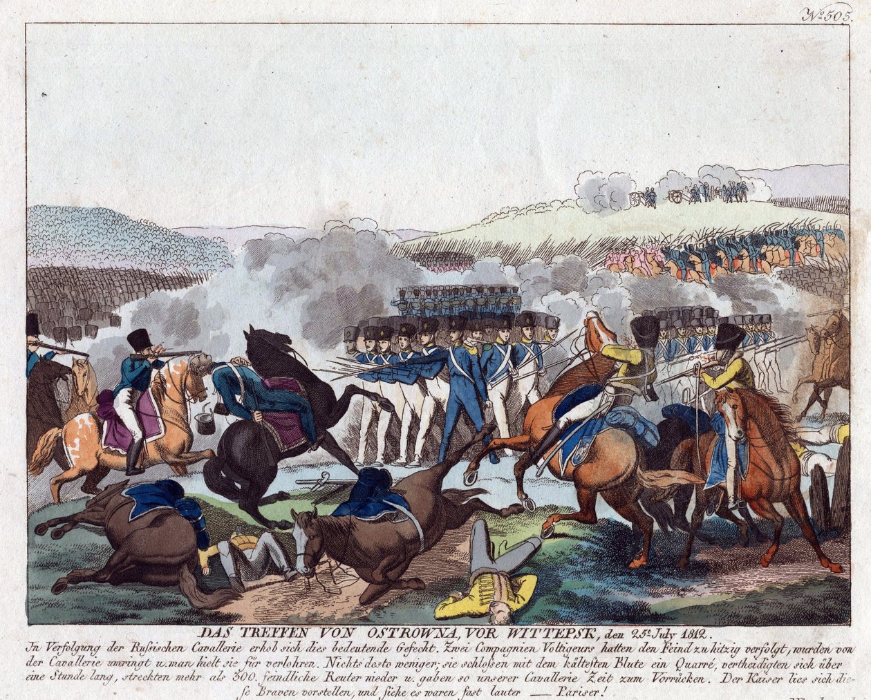 Bataille d'Ostrovno ou Ostrowno- لقاء Ostrovno ، بالقرب من Vitebsk ، في 25 يوليو 1812 - Campe ، August Friedrich Andreas (1777-1846) - حفر ، ألوان مائية - 23x36 - مجموعة خاصة بواسطة فريدريش كامب