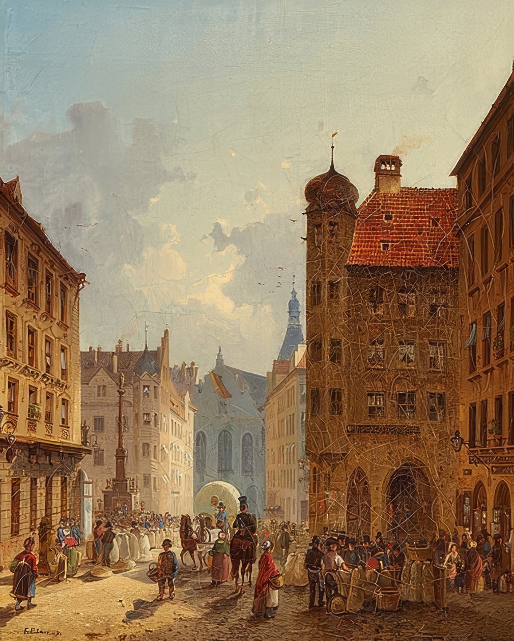 ميونيخ - منظر من قاعة المدينة القديمة من Kaufingerstrasse. 1849 بواسطة فريدريش إيبنر