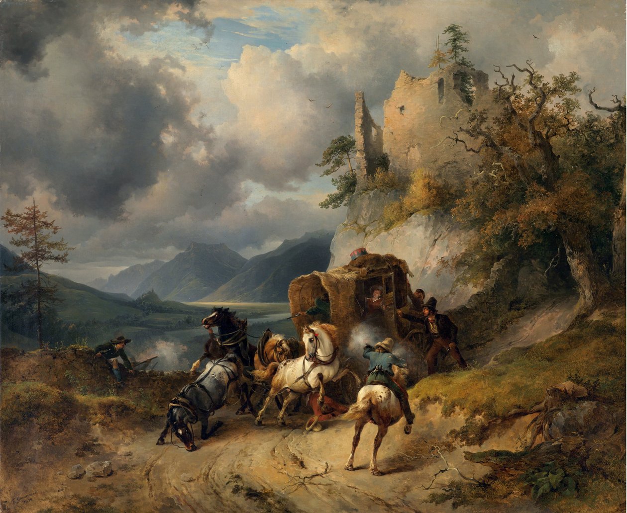 The Robbery par Gauermann ، Friedrich August Matthias (1807-1862). زيت على قماش ، مقاس: 60.5 × 74 بواسطة فريدريش جورمان