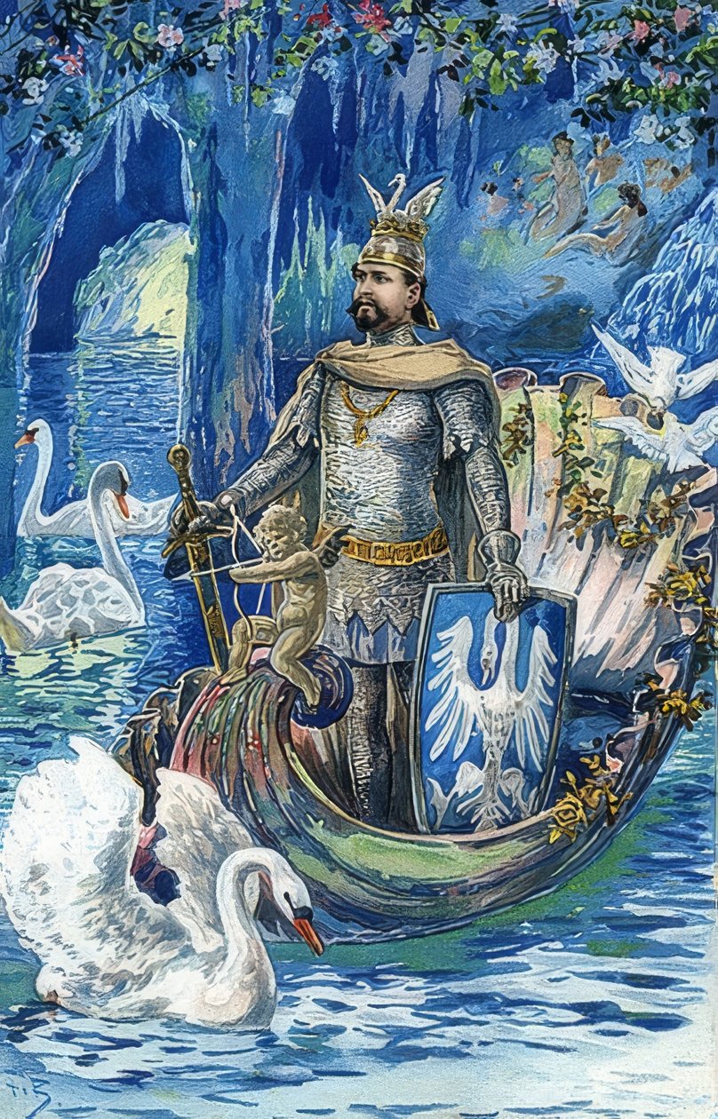 الملك لودفيغ الثاني في دور Lohengrin في الكهف الأزرق لقصر Linderhof. حوالي عام 1900 بواسطة فريتز بيرغن