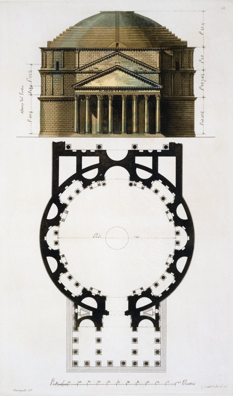 مخطط الأرض والواجهة للبانثيون ، روما ، من Le Costume Ancien et Moderne by Jules Ferrario ، محفورة بواسطة G. Castellini ، تم نشره ليثو اللون 1820s-30s بواسطة فوماجالي