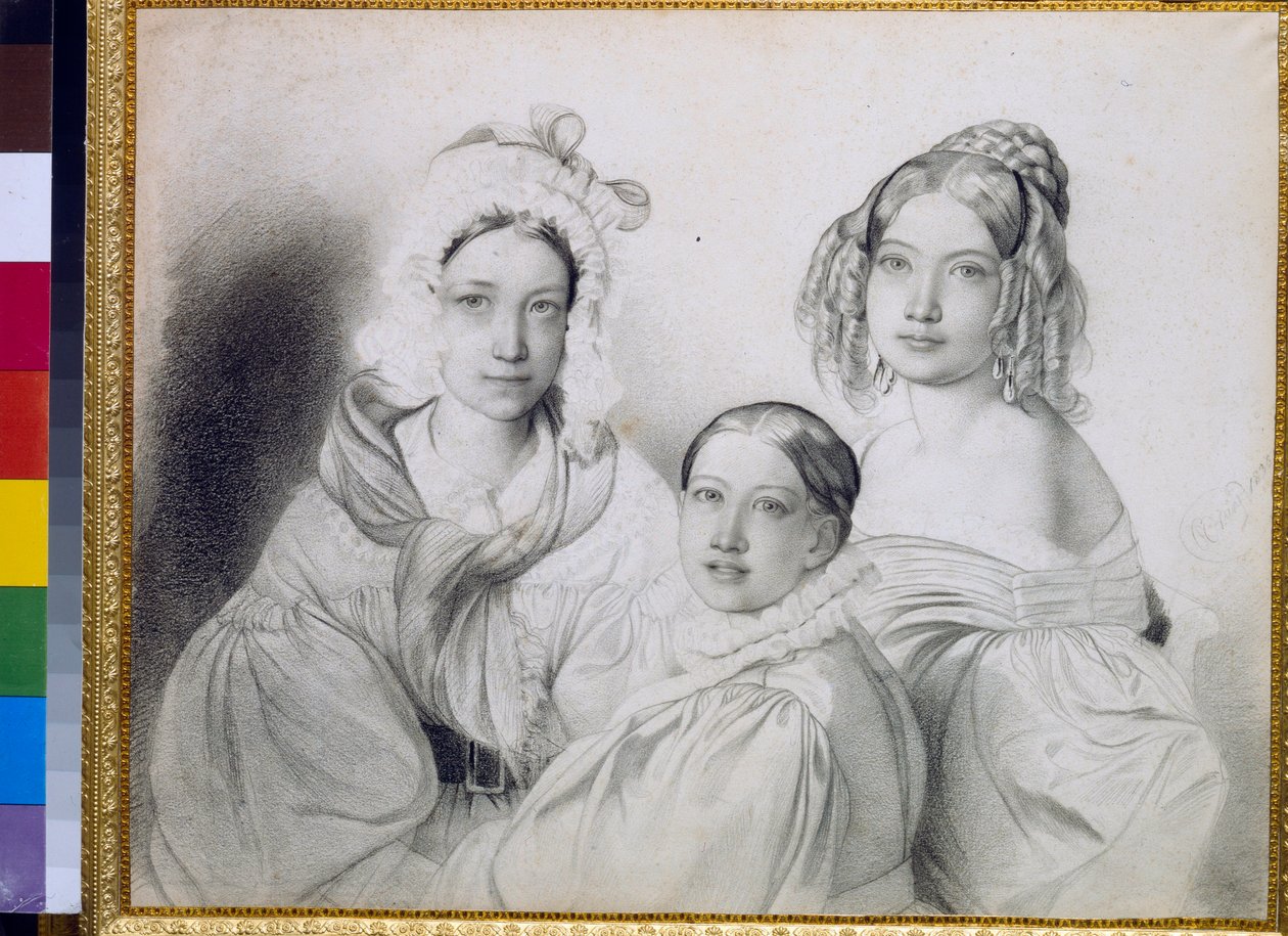 صور للكونتيسات براسكوفيا (1817-1835) وناديجدا (1822-1840) وماريا (1813-1849) ، بنات الأمير الروسي بيوتر فيازيمسكي (بيير ويزيمسكي) (1792-1878) - رسم لفيودور (فيديليو) بروني (1799-1875) بواسطة فيودور بروني