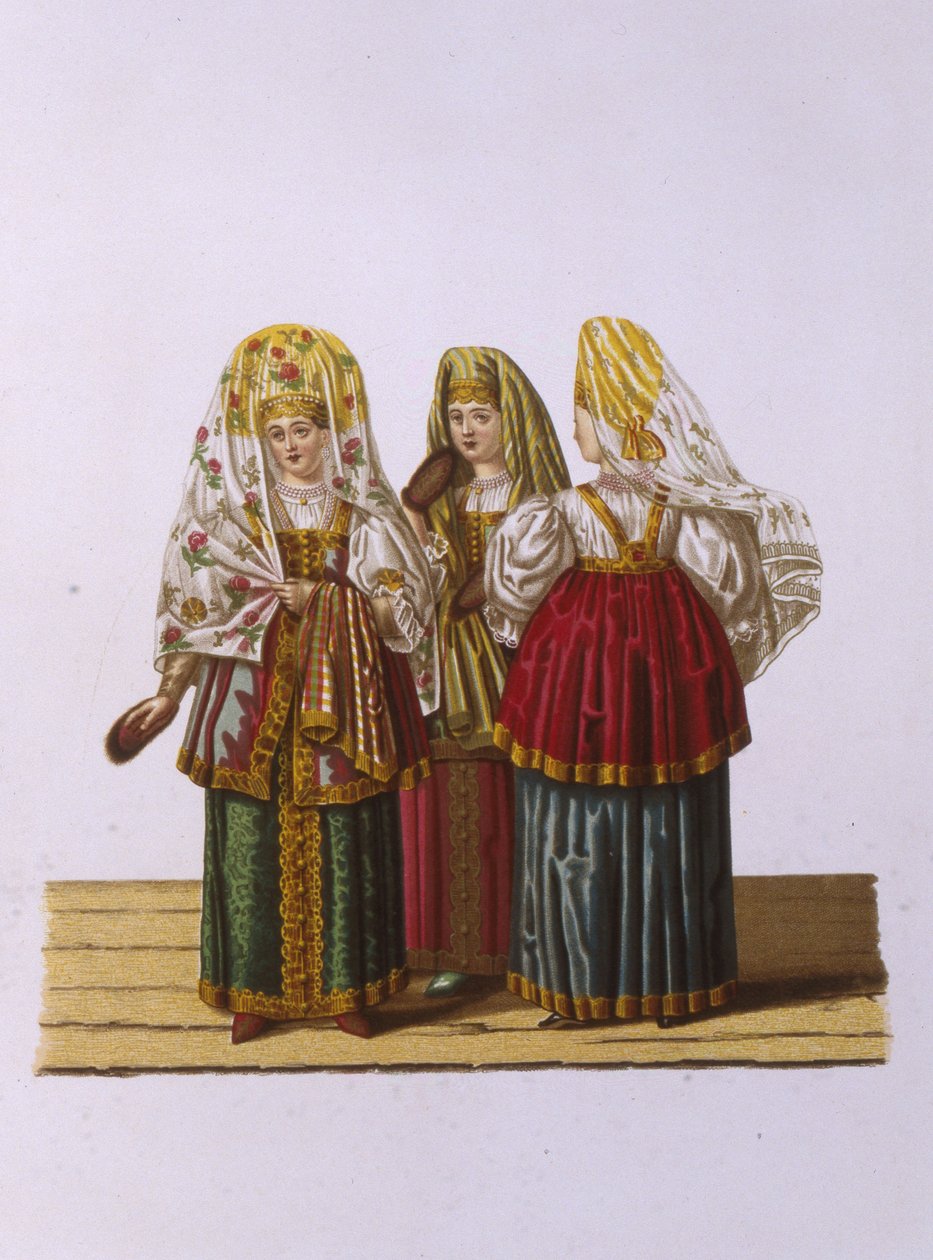 أزياء النساء والعذراء من تفير من سلسلة ملابس الدولة الروسية ، 1851 بواسطة فيودور جريجوريفيتش سولنتسيف