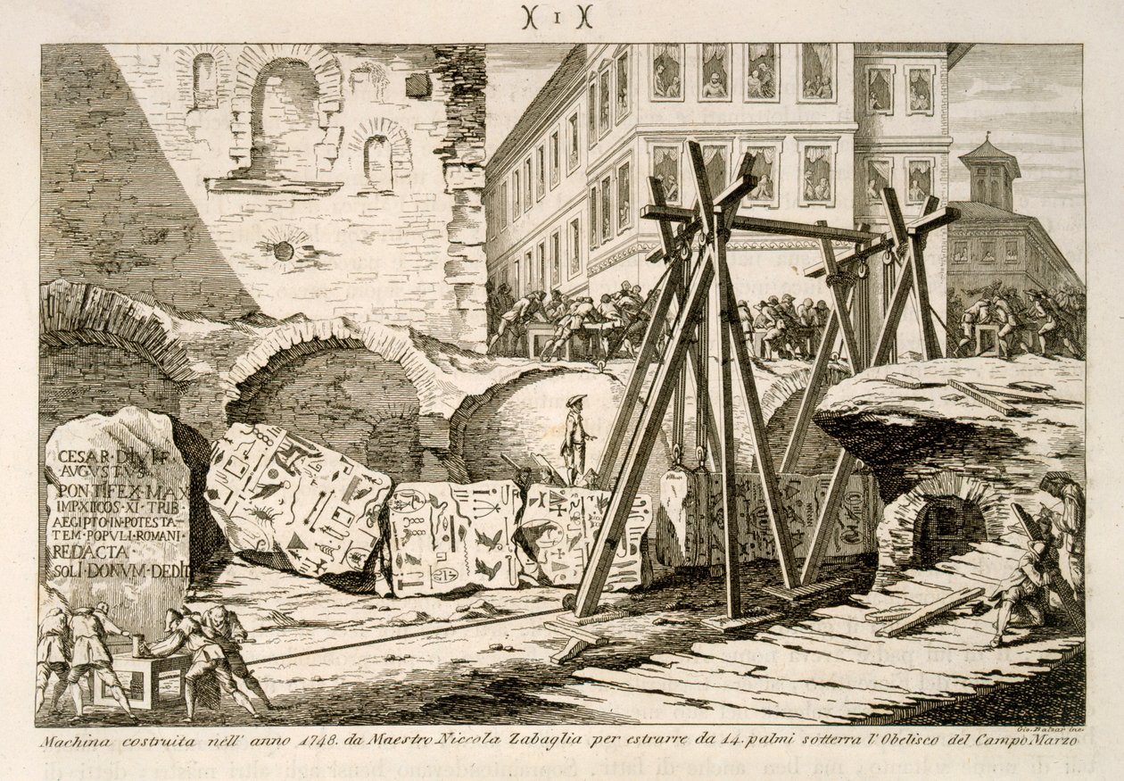 الجهاز الذي اخترعه نيكولا زاباليا عام 1748 لرفع المسلة في الحرم الجامعي مارتيوس الذي كان على بعد 14 يدًا تحت الأرض بواسطة G. Balzar