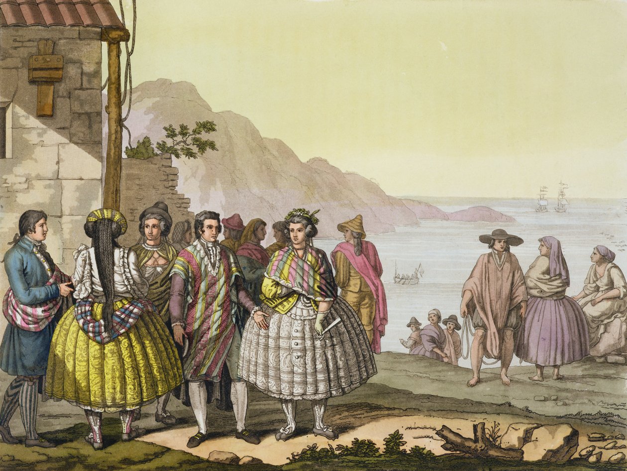 الرجال والنساء في زي متقن ، شيلي ، من "Le Costume Ancien et Moderne" ، المجلد الثاني ، اللوحة 27 ، بقلم جولز فيراريو ، منقوش بواسطة باولو فوماجالي ، تم نشره في 1820s-30s بواسطة G. براماتي