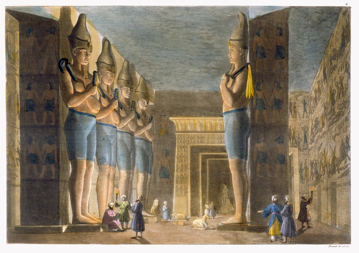 معبد رمسيس الثاني (1279-13 قبل الميلاد) أبو سمبل ، مصر ، اللوحة 4 من "Le Costume Ancien et Moderne" لجول فيراريو ، تم نشرها في 1820s-30s بواسطة G. براماتي
