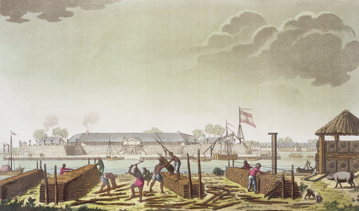 الحصن في باتافيا مع Native Loggers ، اللوحة 50 من "Le Costume Ancien et Moderne" لجول فيراريو ، تم نشرها في 1820s-30s بواسطة كاستيليني