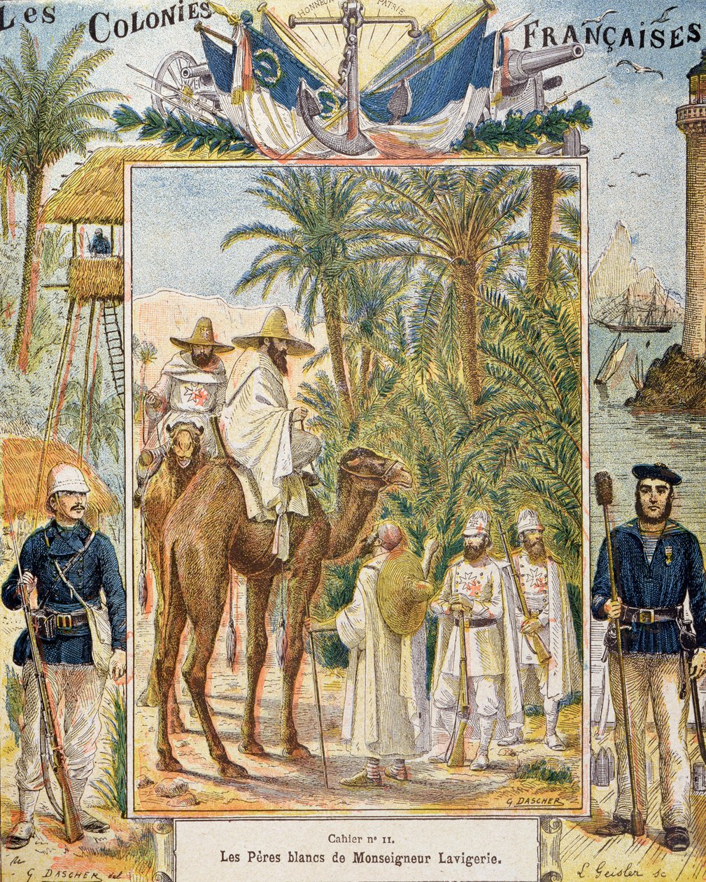 الآباء البيض للكردينال لافيجري في أفريقيا ، غلاف كتاب مدرسي ، نقشه ل. جيزلر ، 1880-90 بواسطة ج. داشير