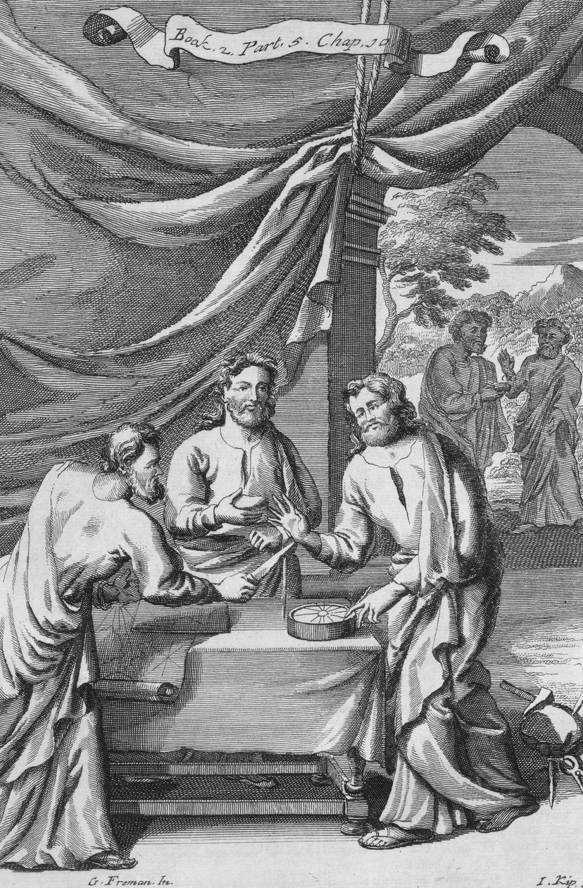 مناقشة بين رسامي الخرائط ، رسم توضيحي من الكتاب 2 الجزء 5 الفصل 10 من "مبادئ الفلسفة" ، الذي نقشه يوهانس كيب (165353-1722) ، 1694 بواسطة جي فريمان