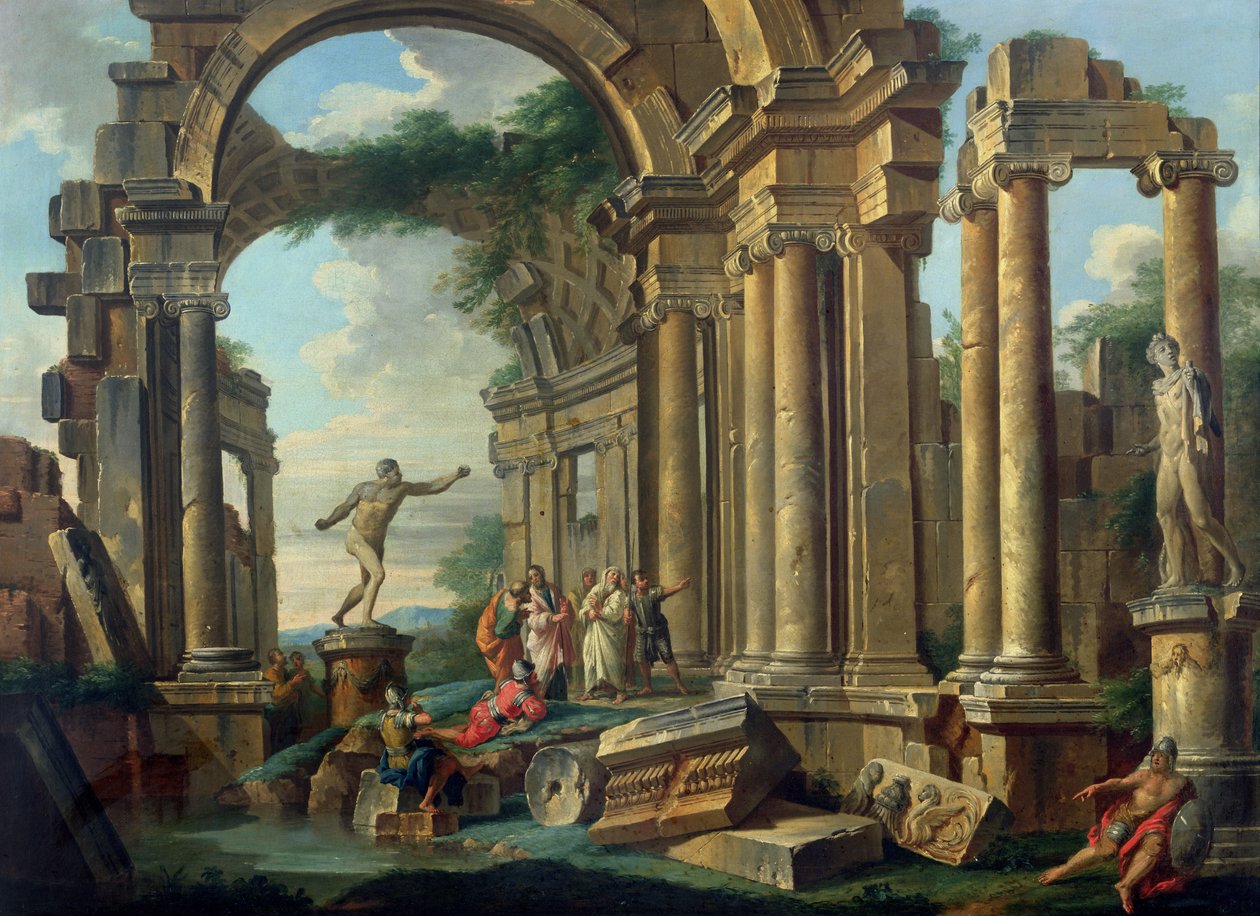 Capriccio المعمارية مع تماثيل المحارب Agasias و Apollo Belvedere بواسطة جيوفاني باولو بانيني