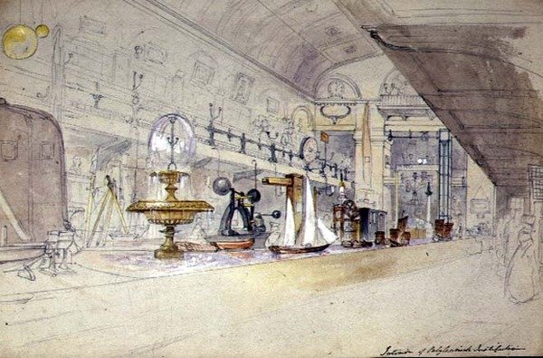 الجزء الداخلي من Regent Street Polytechnic ، حوالي عام 1847 (ألوان مائية على ورق) بواسطة GF Sargent