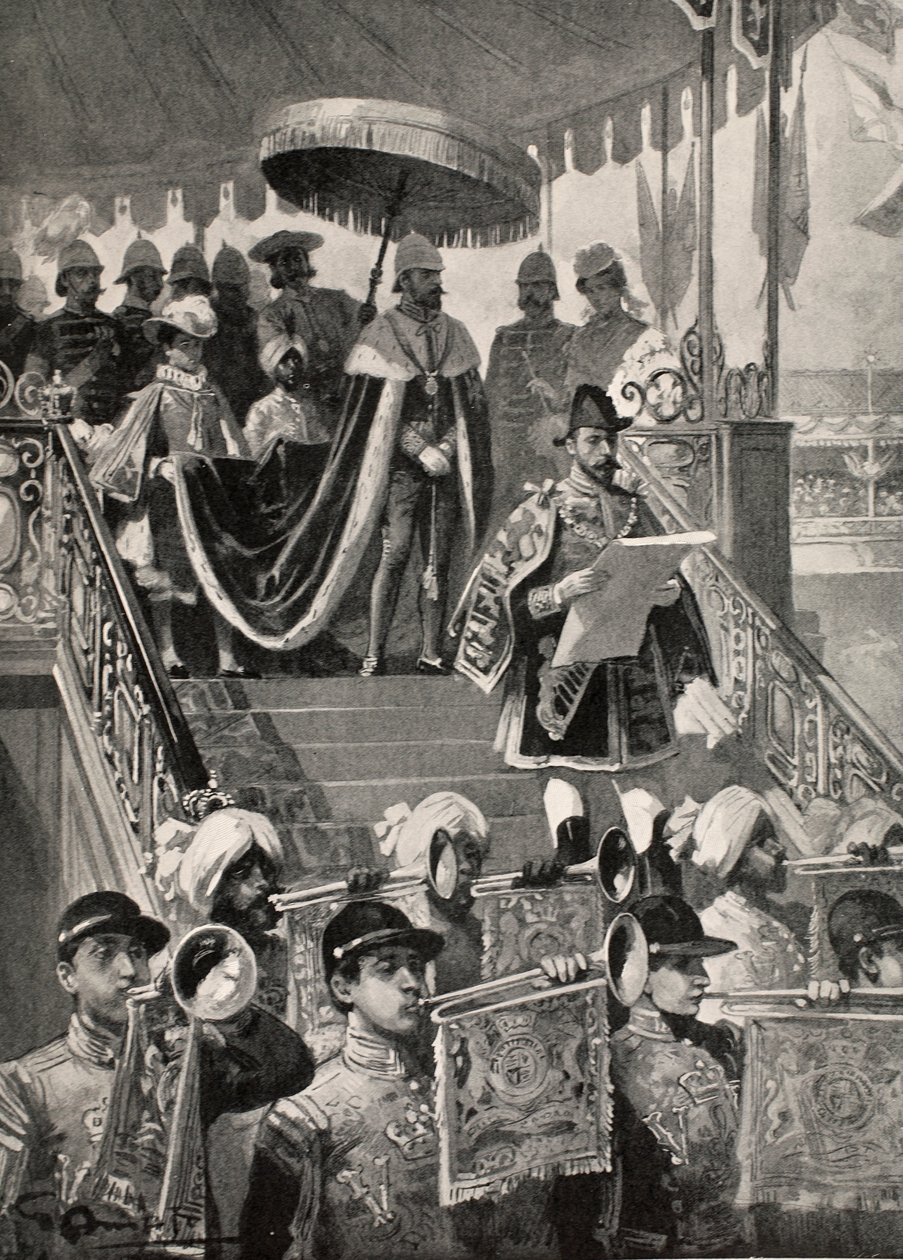 الإعلان الأول عن اللقب الإمبراطوري الهندي للتاج البريطاني في دلهي ، يوم رأس السنة الجديدة ، 1877 ، من "أخبار لندن المصورة" 1902 بواسطة GS Amato