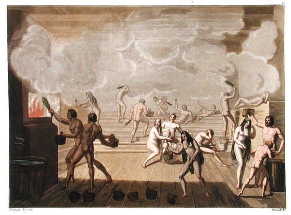 ساونا جماعية ، اللوحة 21 من Le Costume Ancien et Moderne ، بقلم Jules Ferrario ، نقش بواسطة Angelo Biasioli (1790-1830) المنشورة حوالي 1820s-30s (لون ليثو) بواسطة (بعد) براماتي