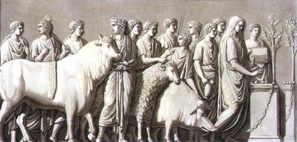نقش بارز لثور وكبش وخنزير أدى إلى مذبح نذري ، من 'Le Costume Ancien et Moderne' بواسطة Jules Ferrario ، محفور بواسطة Fumagalli ، نُشر في الفترة ما بين 1820 و 30s (لون ليثو) بواسطة (بعد) براماتي