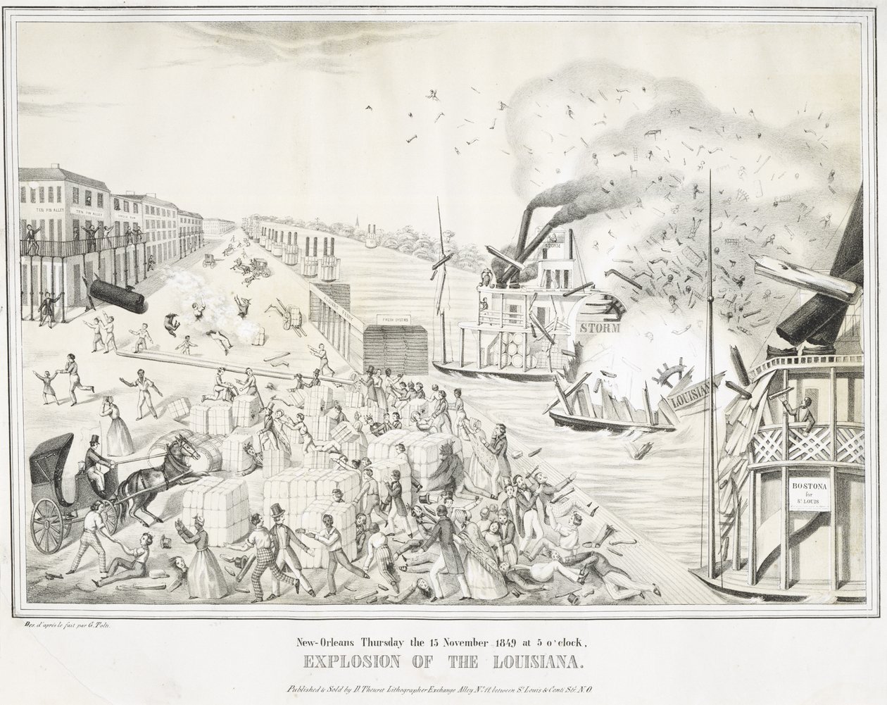 نيو أورلينز الخميس 15 نوفمبر 1849 في الساعة الخامسة ، انفجار لويزيانا ، ج. 1849 (الطباعة الحجرية الملونة) بواسطة (بعد) تولتي