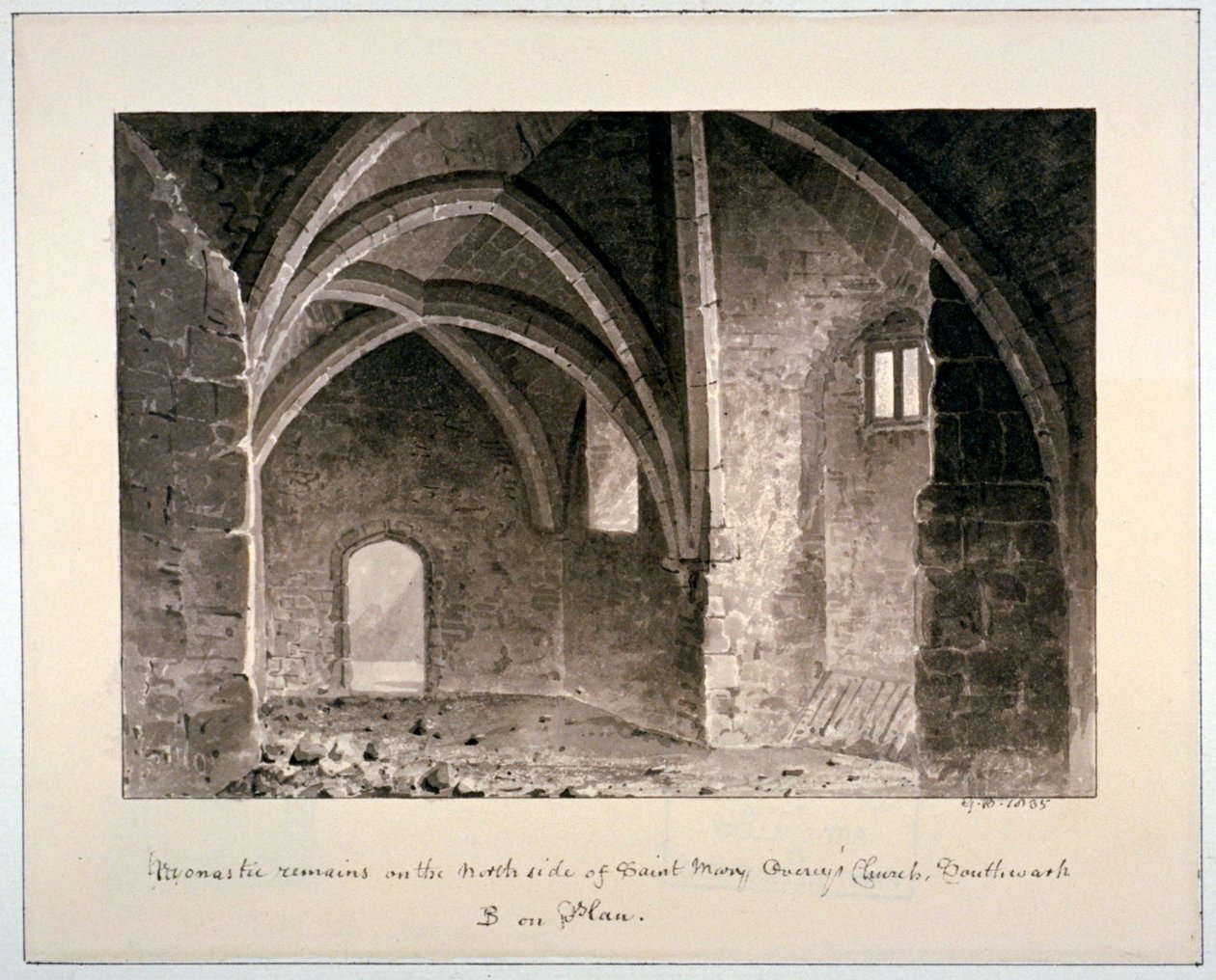 بقايا رهبانية على الجانب الشمالي من كنيسة القديسة ماري أوفري ، ساوثوارك ، لندن ، 1835. بواسطة جي باكلر