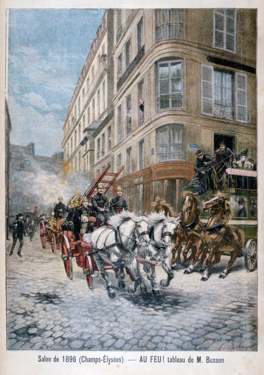 محرك إطفاء في طريقه إلى حريق ، باريس ، 1896 بواسطة جيه بوسون