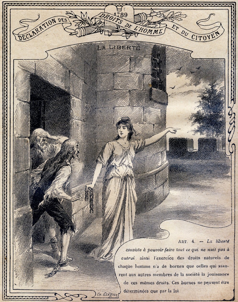 1789 إعلان حقوق الإنسان والمواطن: La Liberte. نقش في "الكتاب الفريد للأخلاق والتعليم المدني ، المخصص لطلاب الدورات الثلاث للمدرسة الابتدائية وتلك الخاصة بالصفوف الابتدائية في مدرسة ليسيز وكليات ، الجزء الثاني بواسطة ج. داشير