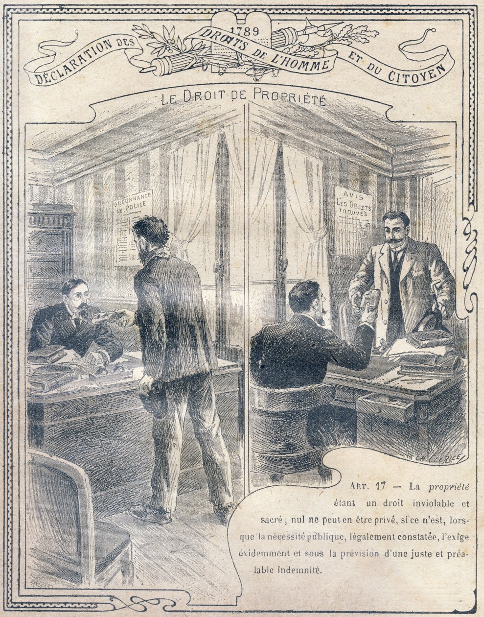 1789 إعلان حقوق الإنسان والمواطن: حق الملكية. Gravure in "الكتاب الفريد للأخلاقيات والتربية المدنية ، المخصص لطلاب الدورات الثلاث للمدرسة الابتدائية وتلك الخاصة بالصفوف الابتدائية في المدارس الثانوية والكليات ، بواسطة ج. داشير