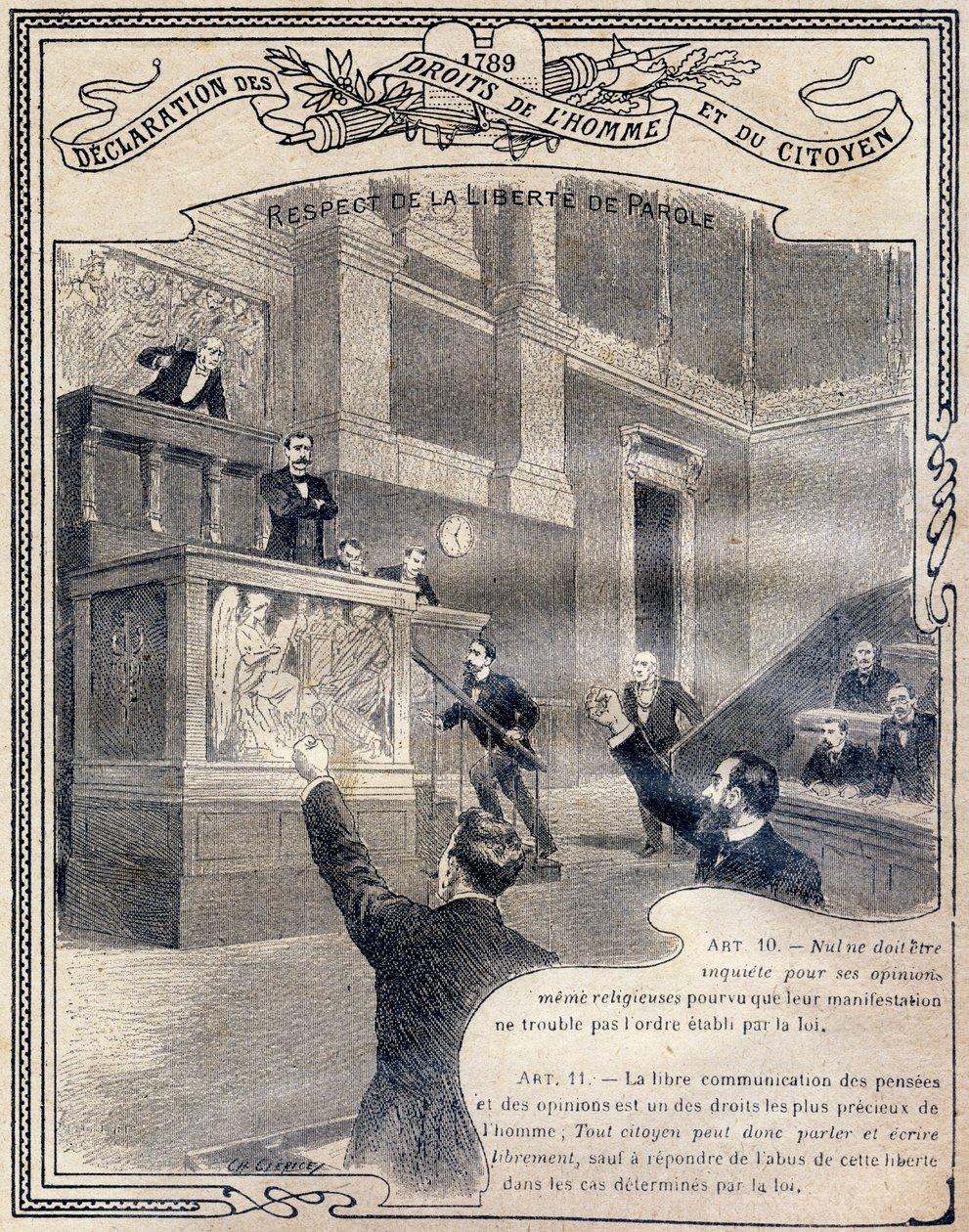 1789: إعلان حقوق الإنسان والمواطن: احترام حرية التعبير. Gravure in "الكتاب الفريد للأخلاقيات والتعليم المدني ، المخصص لطلاب الدورات الثلاث للمدرسة الابتدائية وتلك الخاصة بالصفوف الابتدائية في المدارس الثانوية و بواسطة ج. داشير